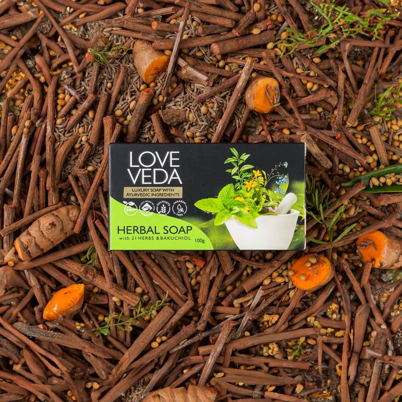 Love Veda Ayurvedic Herbal Soap Bar – Pack of 4 (100g Each) | Handmade Natural Soap with Bakuchi, Chitraka, Kutaja & Aloe Vera For Sensitive Skin, Skin Brightening & Daily Detox