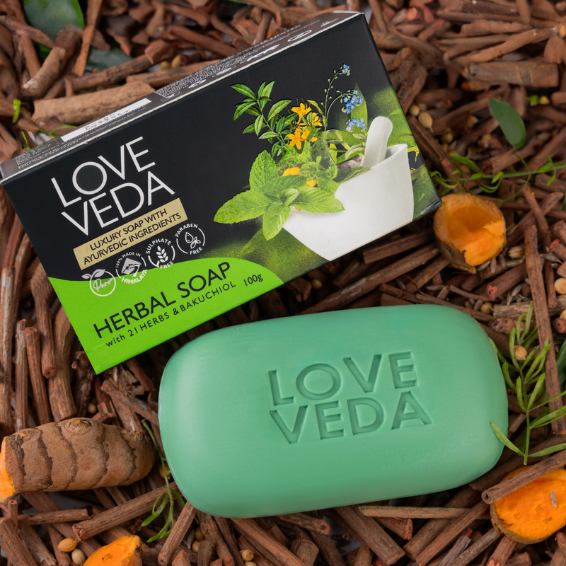 Love Veda Ayurvedic Herbal Soap Bar – Pack of 4 (100g Each) | Handmade Natural Soap with Bakuchi, Chitraka, Kutaja & Aloe Vera For Sensitive Skin, Skin Brightening & Daily Detox