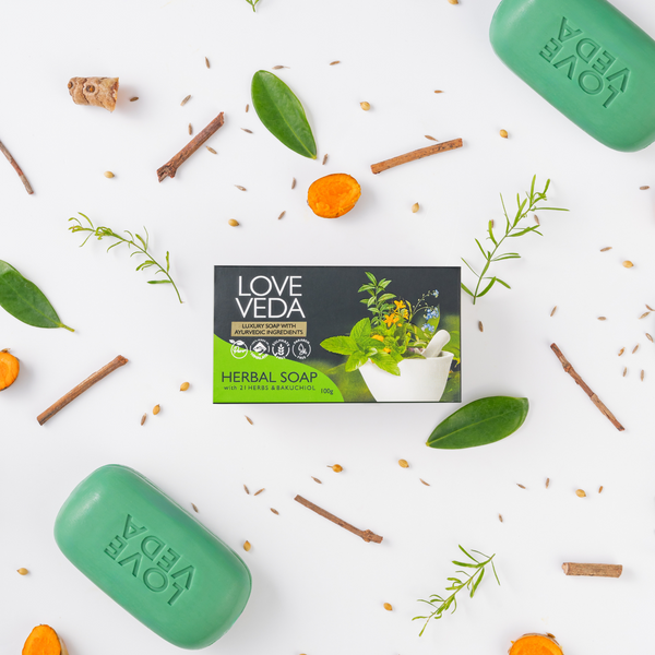 Love Veda Ayurvedic Herbal Soap Bar – Pack of 4 (100g Each) | Handmade Natural Soap with Bakuchi, Chitraka, Kutaja & Aloe Vera For Sensitive Skin, Skin Brightening & Daily Detox