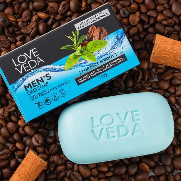 Love Veda Ayurvedic Men’s Deo Soap Bar – Pack of 4 (100g Each) | With Mint, Coffee, Green Tea & Cinnamon For Odour Protection, Oil Control & Refreshing Cleanse