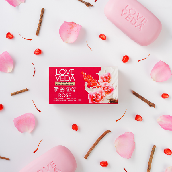 Love Veda Ayurvedic Rose Soap Pack of 4 (100g Each) | Handmade with Rose Water, Almond Milk, Saffron, Pomegranate & Manjistha Extracts| Natural, Allergen-Free, Nourishing Bath Bar for Glowing Skin