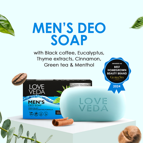 Men’s Deo Soap– Buy 3 Get 1 Free | Black Coffee , Cinnamon , Green Tea , Eucalyptus & Thyme  Carefully crafted for men with active lifestyles.