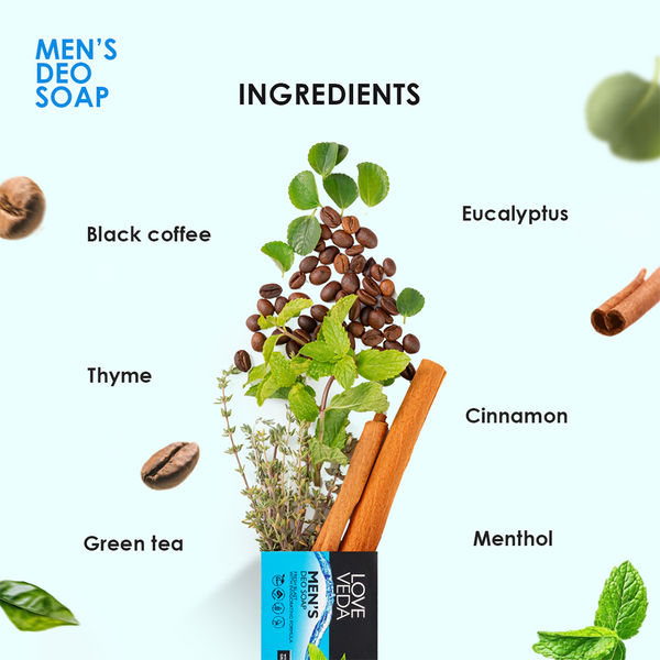 Men’s Deo Soap– Buy 3 Get 1 Free | Black Coffee , Cinnamon , Green Tea , Eucalyptus & Thyme  Carefully crafted for men with active lifestyles.
