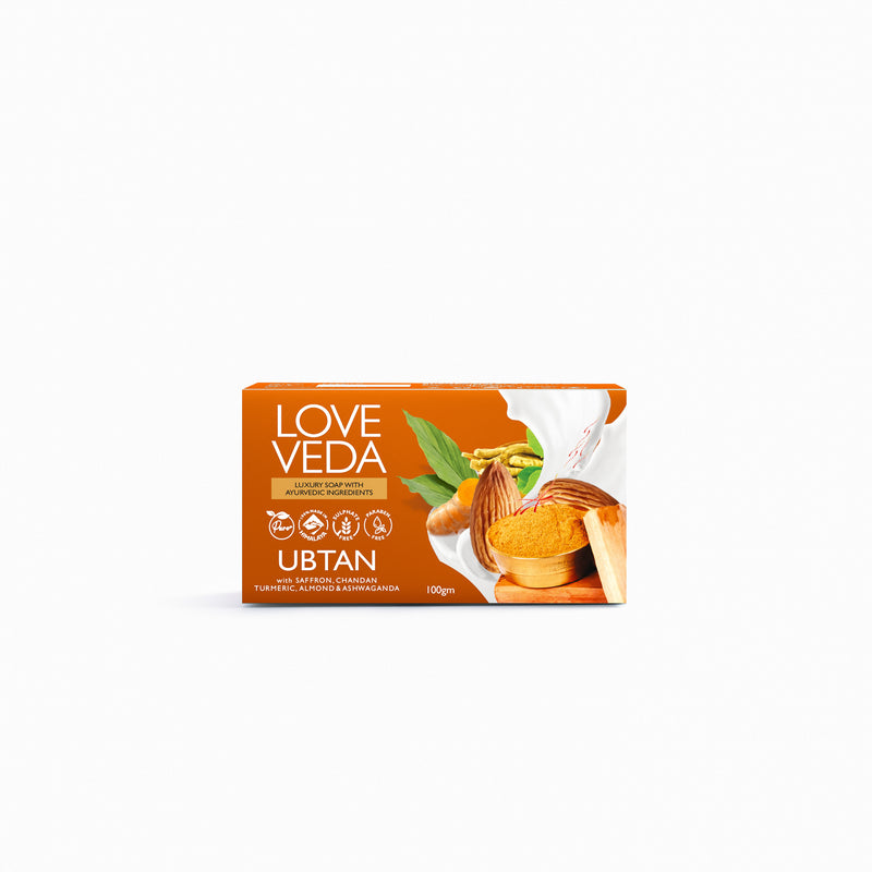 Love Veda Ayurvedic Ubtan Soap (Pack of 4) – 100g Each | Handmade Natural Soap with Turmeric, Saffron, Sandalwood, Almond Milk & Shea Butter For Glowing Skin, Tan Removal & Acne Control