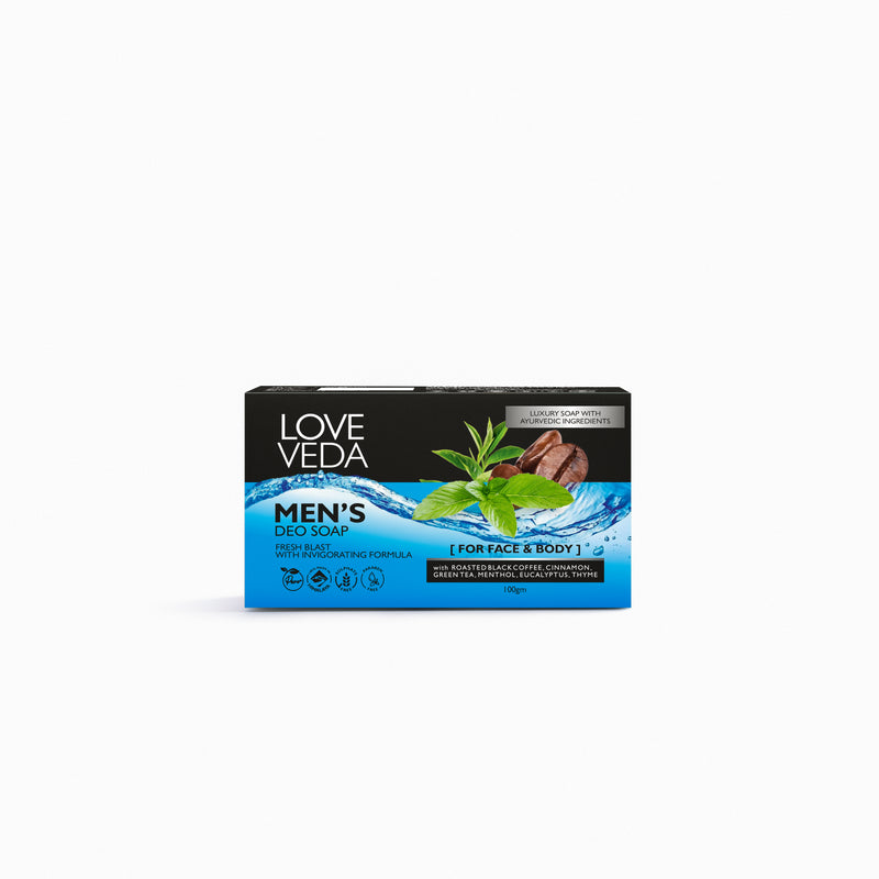 Love Veda Ayurvedic Men’s Deo Soap Bar – Pack of 4 (100g Each) | With Mint, Coffee, Green Tea & Cinnamon For Odour Protection, Oil Control & Refreshing Cleanse